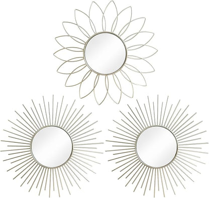 3 Pack Metal Mirrors for Wall Sunburst Wall Mirrors Home Décor Decorative Hanging Wall Art for Living Room Bedroom Entryway (Silver2, Flower+Sunburst)