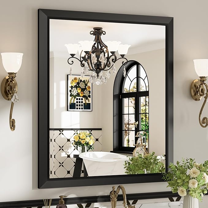 30x36 Inch Black Bathroom Mirror for Wall, Beveled Framed Rectangle Bathroom Vanity Mirrors for Over Sink, Bedroom, Living Room, Entryway, Anti-Rust, HD Tempered Glass, Horizontally/Vertically