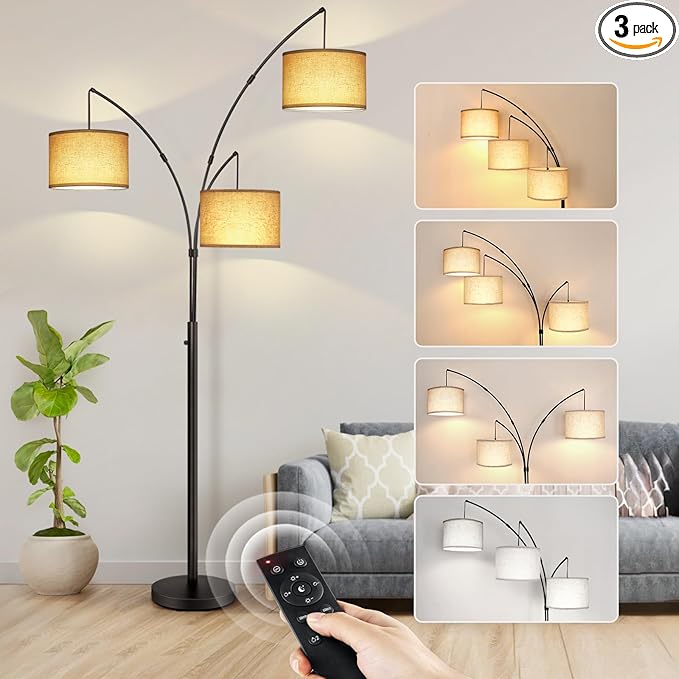 OUTON Arc LED Floor Lamp with Remote Control, Dimmable Modern Black 3 Light Arched Tall Floor Lamp, Mid Century Adjustable Standing Corner Lamps for Bedroom, Office, Living Room, Beige Lampshade