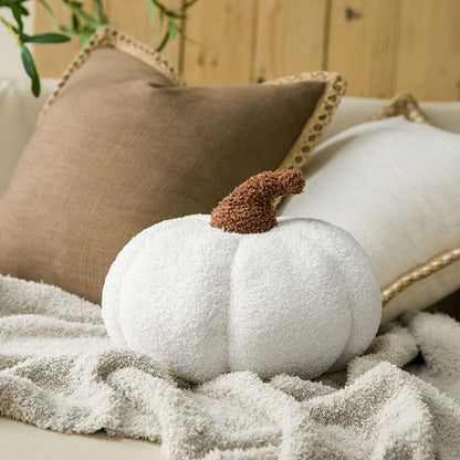 Phantoscope Teddy Fleece Pumpkin Throw Pillows, Halloween Ultra Soft Sherpa Decorative Cute 3D Shaped Cushion, White, 6 x 12 inches