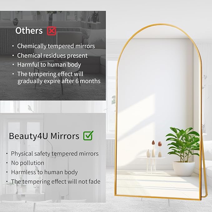 Beauty4U Arched Full Length Mirror 76" x 34", Gold Large Full Body Mirror with Stand, Floor Standing & Wall Mounted HD Tempered Glass Dressing Mirror for Bedroom, Living Room, Entryway