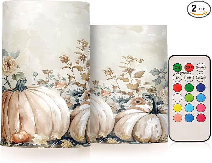 ALAZA Autumn Pink Pumpkins Floral Flickering Flameless Candles Battery Operated with Remote Timer,Tea Light Candles LED Pillar Votive Candles Set of 2 for Outdoor Indoor Decorations