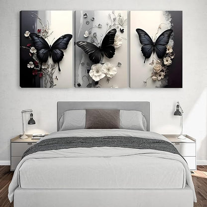 Pormipone 3 Pcs Black Butterfly Canvas Wall Art, White Flower Wall Decor, Butterfly Picture for Wall Living Room Bathroom Bedroom Home Decoration 16 * 24 in (Stretched Canvas on A Wooden Frame)