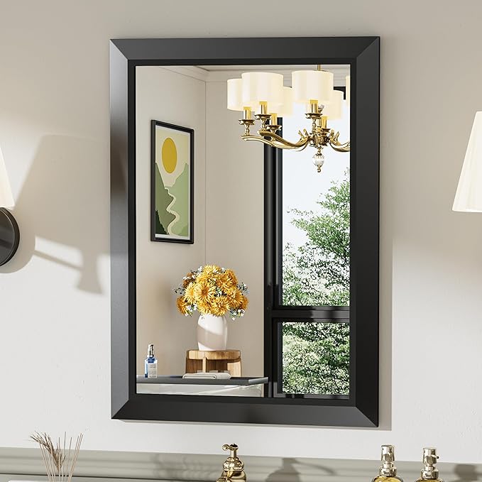 Briivue 20x28 Inch Black Bathroom Mirror for Wall, Thick Metal Framed Rectangle Mirrors for Over Sink, Bedroom, Living Room, Entryway, Anti-Rust, HD Tempered Glass