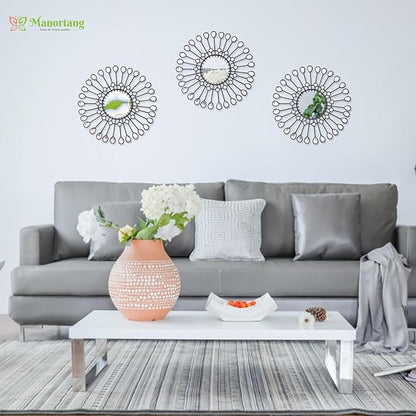 Black Mirrors 3 Piece, Sunburst Mirror Hanging Wall Decor, 9 inch Decorative Mirrors Wall Art, Rhinestone Round Mirror for Bedroom, Valentine, Kitchen, House Warming Valentine Gifts