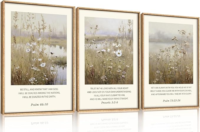 Celestdeco Large Christian Bible Verses Framed Canvas Wall Art,Vintage Scripture Wildflower Wall Decor,Modern Jesus Religious Nature Landscape Artwork for Living Room,Bedroom,Dining Room-16"x24"x3