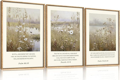 Celestdeco Large Christian Bible Verses Framed Canvas Wall Art,Vintage Scripture Wildflower Wall Decor,Modern Jesus Religious Nature Landscape Artwork for Living Room,Bedroom,Dining Room-16"x24"x3