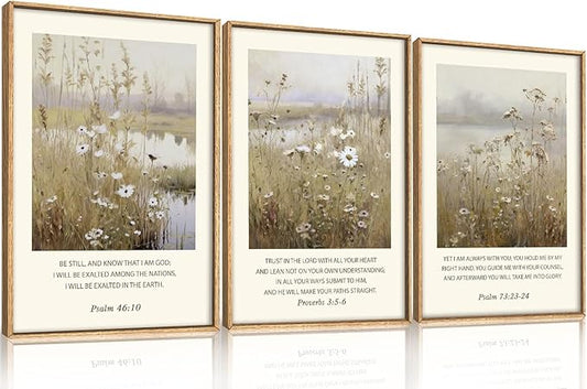 Celestdeco Large Christian Bible Verses Framed Canvas Wall Art,Vintage Scripture Wildflower Wall Decor,Modern Jesus Religious Nature Landscape Artwork for Living Room,Bedroom,Dining Room-16"x24"x3