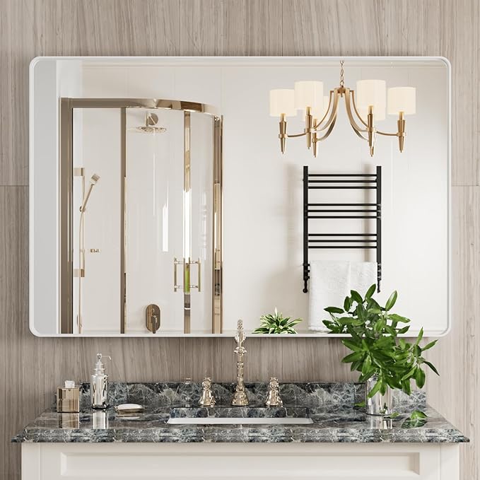 JISOSO White Bathroom Mirror 48x32 Inch, White Metal Framed Bathroom Mirror for Wall, Rounded Rectangle Matte Bathroom Vanity Mirror, Tempered Glass, Anti-Rust, Horizontal/Vertical