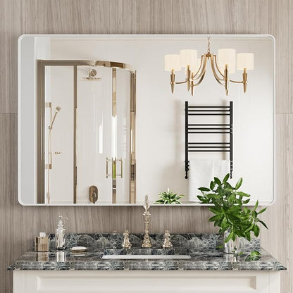 JISOSO White Bathroom Mirror 48x32 Inch, White Metal Framed Bathroom Mirror for Wall, Rounded Rectangle Matte Bathroom Vanity Mirror, Tempered Glass, Anti-Rust, Horizontal/Vertical