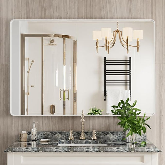 JISOSO White Bathroom Mirror 48x32 Inch, White Metal Framed Bathroom Mirror for Wall, Rounded Rectangle Matte Bathroom Vanity Mirror, Tempered Glass, Anti-Rust, Horizontal/Vertical