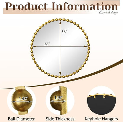36''x36'' Beaded Gold Round Wall Mirror with Metal Frame, Small Vintage Retro Baroque Ornate Vanity Mirror for Bathroom, Fireplace,Entryway, Living Room