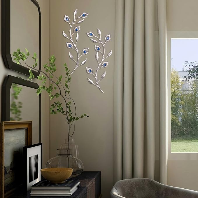 sxnzequnze 2 Sets Leaf Wall Art for Home Metal Bling Rhinestones Ready to Hang Tree Branch Leaves Olive Vine Wrought Iron Hanging Sculpture Pieces Wall Decor Pcs - 16.5in