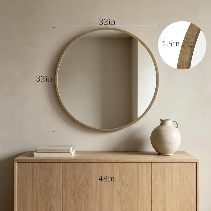 HOMECOOKIN Round Wood Mirror 32 inch Circle Mirror, Rustic Farmhouse Wooden Framed Decorative Wall Decor, Vanity Wall Mirror for Bathroom, Bedroom, Entryway, Living Room (Honey)