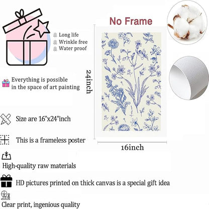 LYPHNX Blue White Chinoiserie Floral Poster Wall Art Navy Watercolor Flower Canva Painting Set of 3 Minimalist Botanical Wildflower Prints Picture Home Decor for Bedroom Living room 16"x24" UnFramed