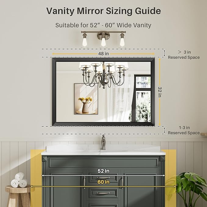 Briivue 48x32 Inch Black Bathroom Mirror for Wall, Thick Metal Framed Rectangle Mirrors for Over Sink, Bedroom, Living Room, Entryway, Anti-Rust, HD Tempered Glass