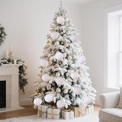 Liliful 12 Pcs Velvet Christmas Ornaments Balls, 4 Inch Flocked Plastic Christmas Tree Ball Shatterproof Hanging Ornaments Decorations for Xmas Tree Vintage Holiday Rustic Home Decor(White)