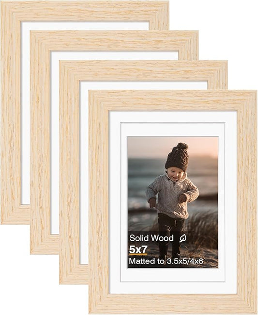 KINLINK 5x7 Picture Frame White Oak, Solid Light Wood Frames with Acrylic Plexiglass for 3.5x5/4x6 with Mat or 5x7 without Mat, Tabletop and Wall Display Photo Frame, Set of 4