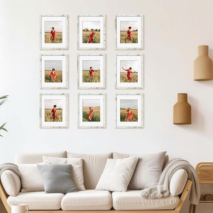 YESKAY 11x14 Picture Frame Set of 9, Photo Gallery Wall Frame Set Display Pictures 8x10 with Mat or 11 x 14 Without Mat, Multi Photo Frames for Wall Mounting or Table Top Display, Distressed White