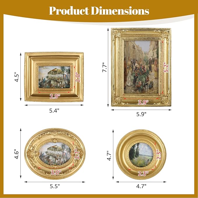 4 Styles Vintage Picture Frames, Small Golden Picture Frames, 4 Sizes Picture Frame 5.5''x4.6''/4.7''x4.7''/5.9''x7.7''/4.5''x5.4'',Collage Wall Mount & Tabletop Photo Display for Gallery Home Decor (Pack of 4)