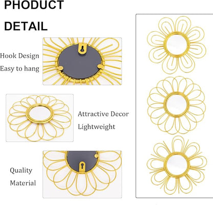 Gold Mirrors 3 Piece, 9 inch Flower-Shaped Mirror Hanging Wall Decor, Valentine Decorative Mirror Wall Art, Round Mirrors for Bedroom,Living Room,Bathroom, House Warming Valentine Gifts