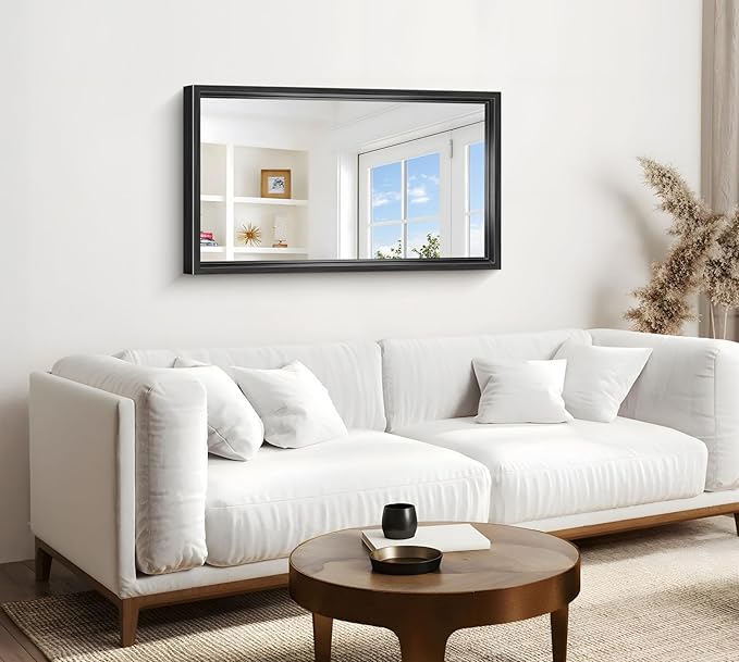 Black Framed Mirror 24"x40", Brushed Black Bathroom Mirrors for Over Sink, 0.6" Thickened Deep Frame Rectangle Mirrors for Wall, Shatterproof Tempered Glass, Antirust, Horizontally/Vertically