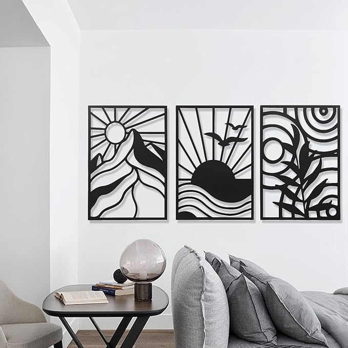 AMAATE Black Metal Wall Art, 3 Pieces Minimalist Geometric Wall Decor, Modern Abstract Line Art Sculpture for Living Room Bedroom Office, Boho Home Decor with Mountain, Sunset, Plant Design 11" X 14.6" in
