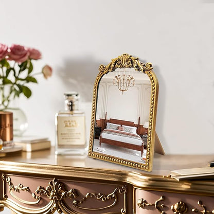 Vintage Makeup Mirror with Stand : 12.1"x9.8" Arched Antique Gold Vanity Mirror for Dresser - Baroque Standing Tabletop Ornate Decor for Desk/Living Room/Bedroom