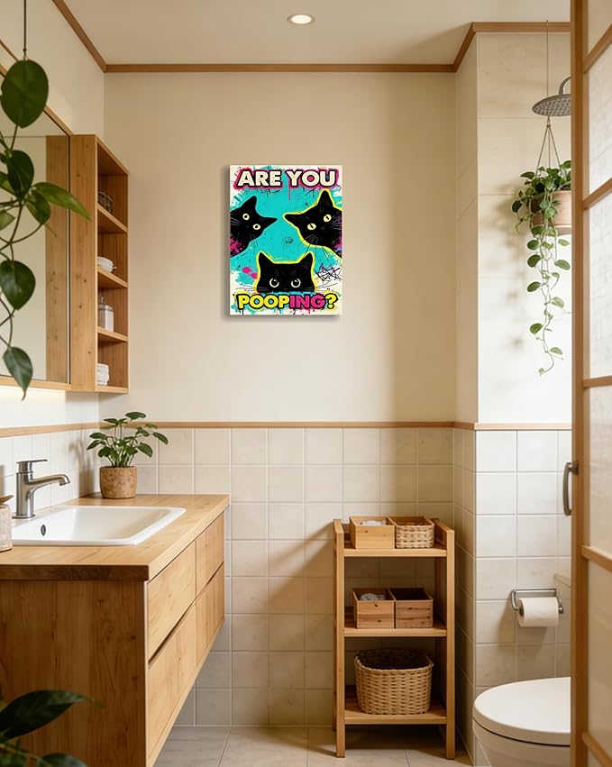 DUFIPOR Funny Black Cat Bathroom Wall Art, Are You Pooping? Graffiti Pop Art Canvas Prints, 12x16 Inch Humorous Bathroom Decor for Washroom Restroom, Trendy Cat Lover Gifts for Bathroom Wall Decor