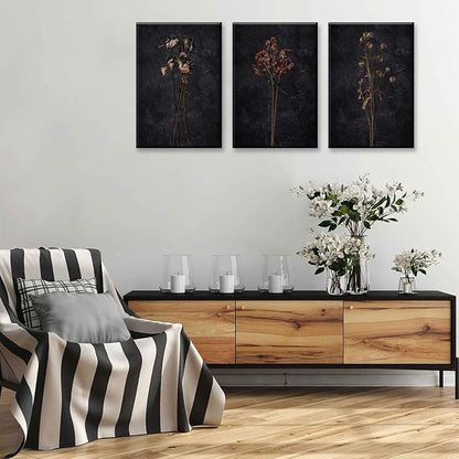 LYPHNX Framed Dark Moody Wildflowers Canvas Wall Art Black Vintage Dried Floral Wilderness Botanical Painting Poster Set of 3 Nature Prints Picture Wall decor for Living Room Bedroom Office 12"x16"