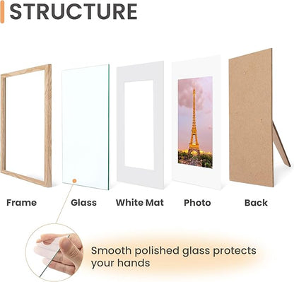 upsimples 11x14 Picture Frame Set of 3, Made of High Definition Glass for 8x10 with Mat or 11x14 Without Mat, Wall and Tabletop Display Photo Frames, Natural