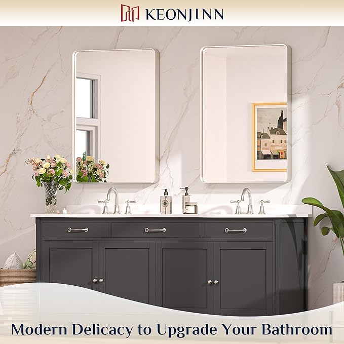 Keonjinn Brushed Nickel Mirror 24” x 36” Silver Bathroom Mirror for Over Sink, Rounded Rectangle Farmhouse Vanity Mirror with Metal Frame, HD Tempered Glass Decorative Wall Mirror(Horizontal/Vertical)