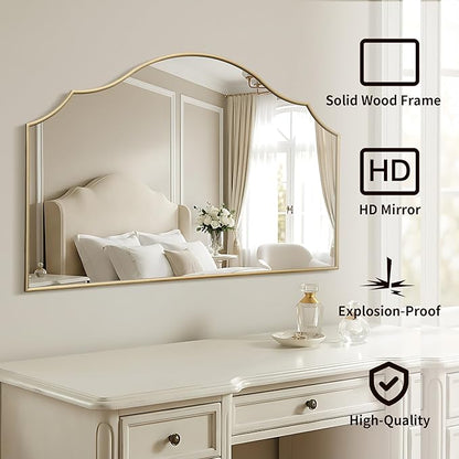 Besdomus Large Scalloped Gold Mirror: 47"x31" Modern Minimalist Wood Frame Wall Mirror - Decorative Vanity Arched for Bathroom/Dresser/Entryway/Fireplace/Living Room - Stylish Home Decor