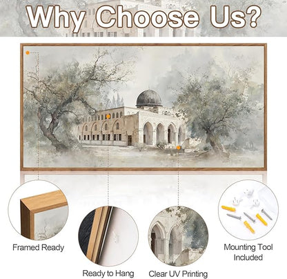 CHDITB Jerusalem Palestine Al Aqsa Mosque with Olive Trees Wall Art Framed, Neutral Modern Middle Eastern Arabic Muslim Gift Canvas Artwork, Large Vintage Islamic Masjid Architecture Painting Decor for Living Room Office (40"L x 20"W)