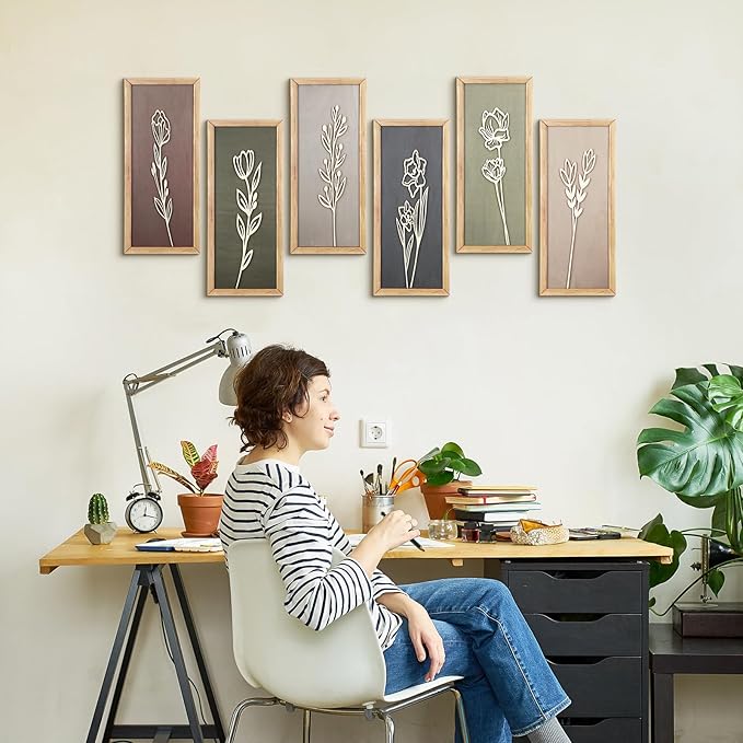 Wesiti 6 Pcs Boho Wall Art Wooden Floral Wall Decor Minimalist Botanical Print Art Decor for Rustic Vintage Farmhouse Home Living Room Bedroom Bathroom Kitchen Decoration, 15.75 x 6.69 Inch(Morandi)