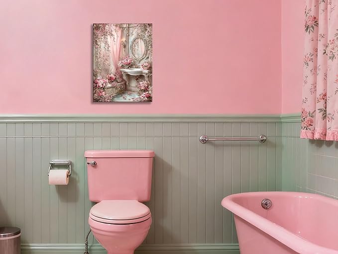 Frimeeme Framed Romantic Vintage Pink Bathroom Canvas Wall Art, Pink Sink Posters Prints Paintin, for Washroom Artwork Home Decoration Ready To Hang, 12 x 16 Inch,Framed