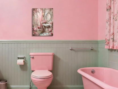 Frimeeme Framed Romantic Vintage Pink Bathroom Canvas Wall Art, Pink Sink Posters Prints Paintin, for Washroom Artwork Home Decoration Ready To Hang, 12 x 16 Inch,Framed