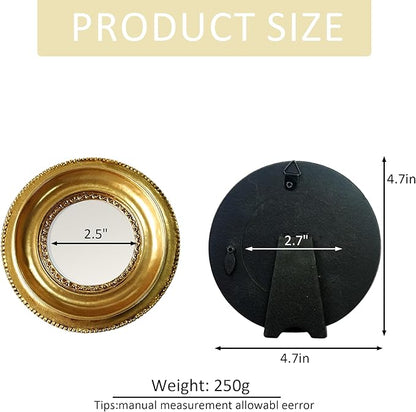 Golden Mini Vintage Mirror with Exquisite Relief Elegant Wall Decor for Bedroom Dresser Table Compact Resin Retro Design (Gold Round 02, 4.7 X4.7)