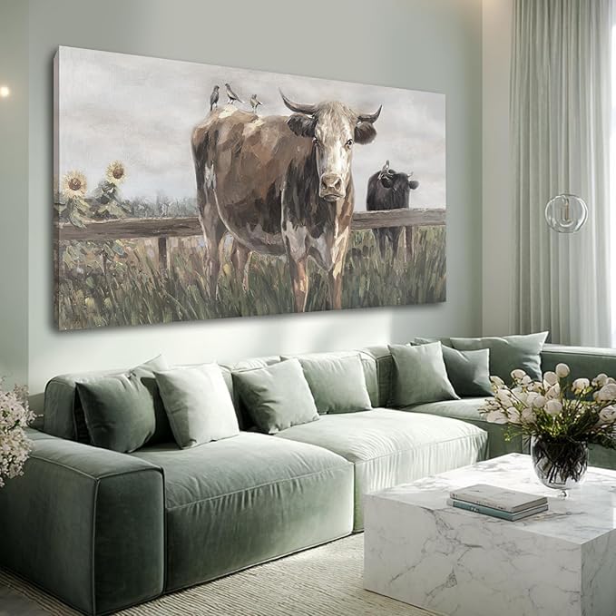 ZENPEE Large Brown and Black Cow Canvas Wall Art – Vintage Farmhouse Animal Decor for Bedroom, Bathroom, Office, Fireplace & Kitchen, 29 x 58 Inch
