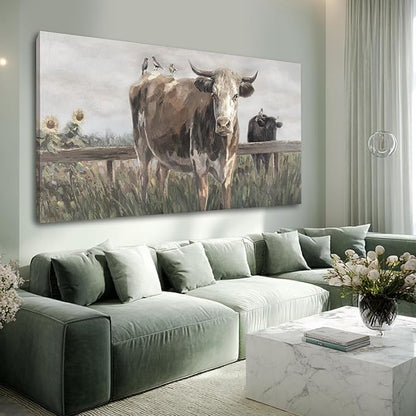 ZENPEE Large Brown and Black Cow Canvas Wall Art – Vintage Farmhouse Animal Decor for Bedroom, Bathroom, Office, Fireplace & Kitchen, 29 x 58 Inch