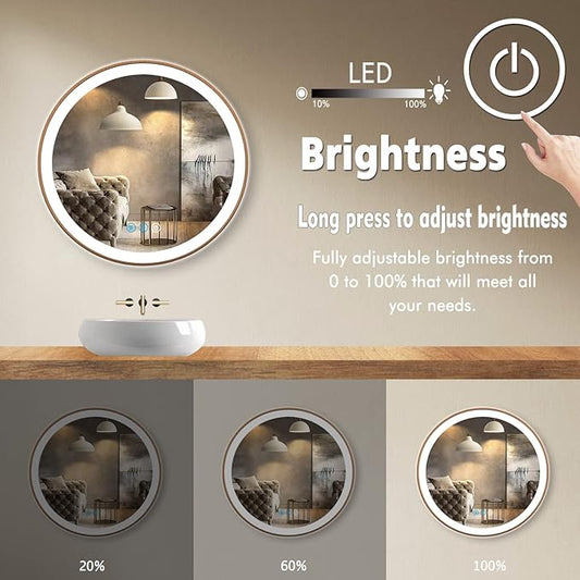 Wood Frame Round LED Bathroom Mirror With Lights 20 Inch, Lighted Vanity Wall Mirror, 3 Color Dimmable Anti-Fog Smart Circle Mirror