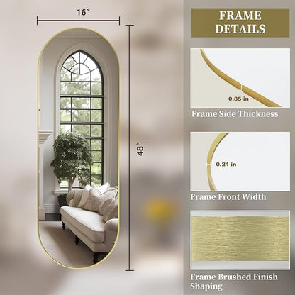 Oval Full Length Mirror, 48"×16" Wall-Mounted Mirror with Gold Frame in Shiny Gold, Ultra-Clear Explosion-Proof Dressing Mirror, Simple & Classic Deco for Cloakroom/Bedroom/Living Room