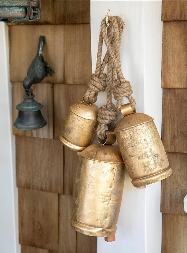 Large Vintage Gold Cow Bells for Rustic Christmas Decor Hanging Bells on Rope Set of 3 Harmony Cow Bells Vintage Handmade Rustic Lucky (Set of 3, 6,8,10 inches)