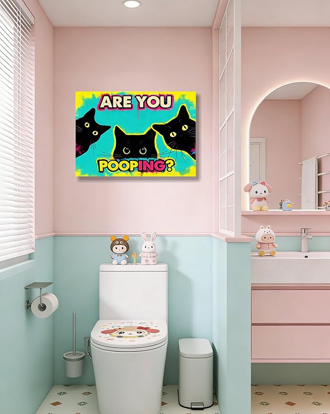 Funny Black Cat Bathroom Canvas Wall Art - Are You Pooping? Colorful Humor Poster for Washroom, 16x24 Inch Framed Graffiti Print for Toilet Restroom, Pop Art Wall Decor, Gifts for Cat Lovers