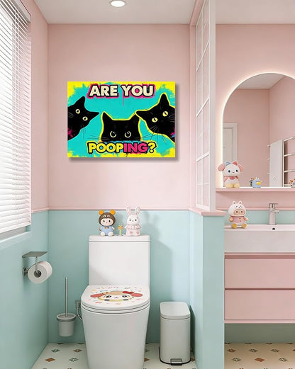 Funny Black Cat Bathroom Canvas Wall Art - Are You Pooping? Colorful Humor Poster for Washroom, 16x24 Inch Framed Graffiti Print for Toilet Restroom, Pop Art Wall Decor, Gifts for Cat Lovers