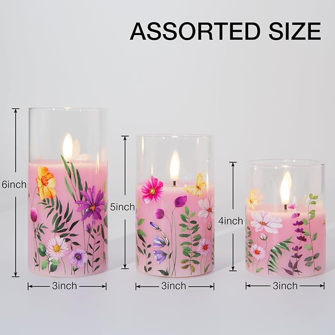 Eywamage Pink Floral Glass Flameless Candles with Remote, Flickering Spring LED Pillar Candles Battery Operated Home Decor Set of 3