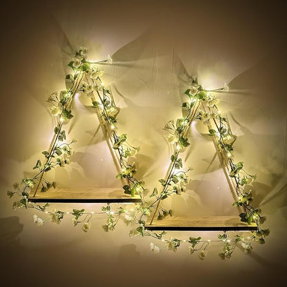 Triple Artificial White Flower Garland with LED-Strip Wall Hanging Shelves Set of 2, Boho Shelves for Wall Décor, Macrame Wall Shelf for Bedroom Bathroom Living Room Kitchen (No Battery Included)