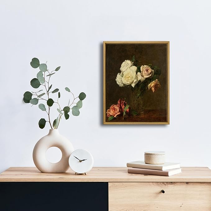Pyradecor Vintage Retro Framed Wall Art Roses Paintings Pictures Canvas Prints Mid Century Bathroom Decor for Living Room Office Farmhouse Decorations