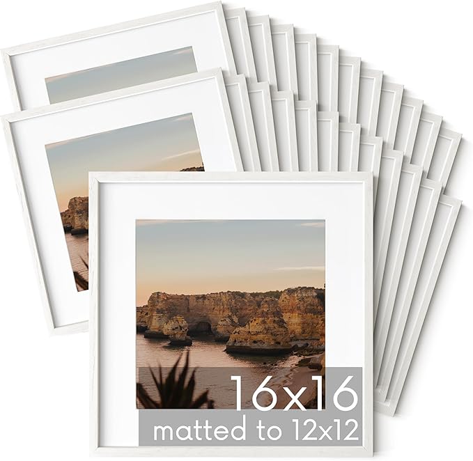 HAUS AND HUES White Oak Wood 16x16 Picture Frames - Set of 25, Square Frames with Mat, Premium White Frames for Wall Decor (16x16 in, White, Set of 25)