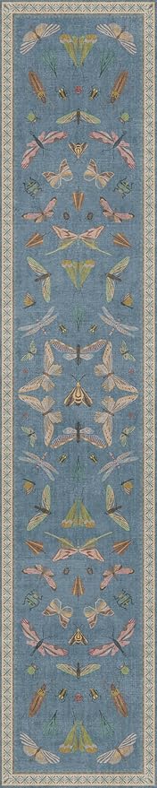 Blue Insect Hallway Runner Rug 2x10, Washable Non Slip Kitchen Sink Rug for Entryway, Colorful Vintage Print Home Décor